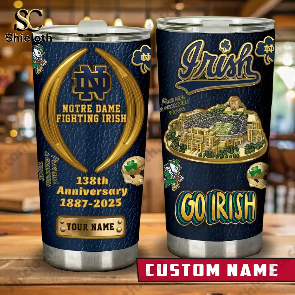 Notre Dame Fighting Irish custom name tumbler shown from front and back!