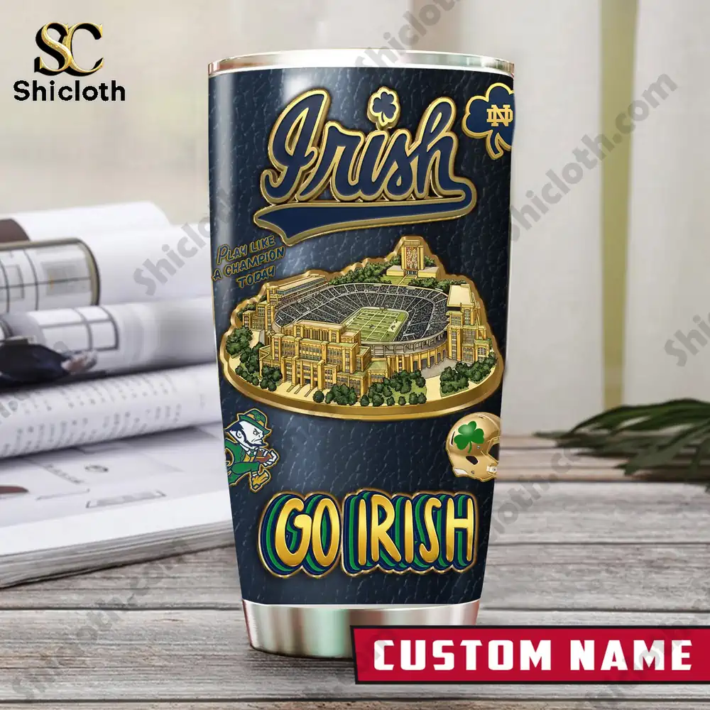 Notre Dame Fighting Irish tumbler with stadium artwork and Go Irish text!