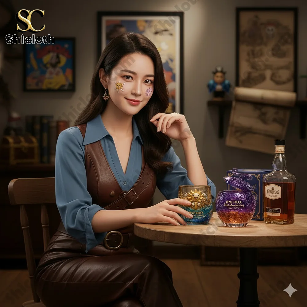 Elegant woman holding One Piece anniversary glass in a themed room from Shicloth!