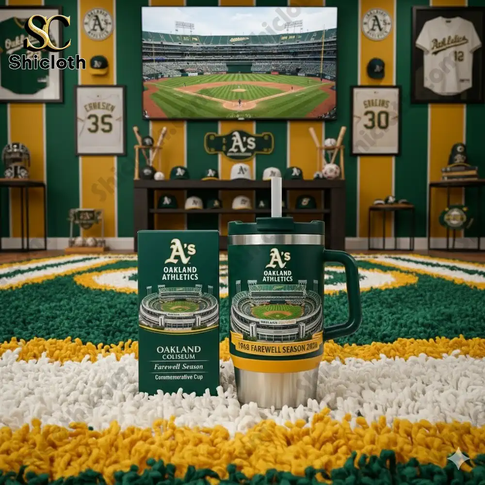 Oakland As commemorative cup displayed in a fan themed room!