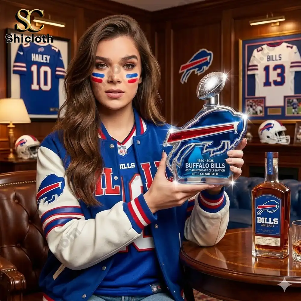 A woman holding a Buffalo Bills commemorative bottle in a sports themed room!