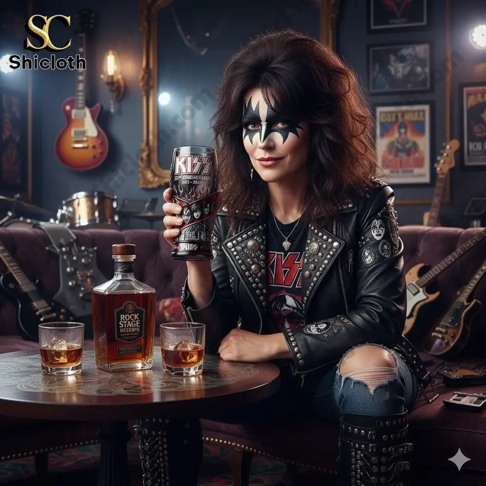 Woman in rock style holding KISS anniversary beer glass in music room!