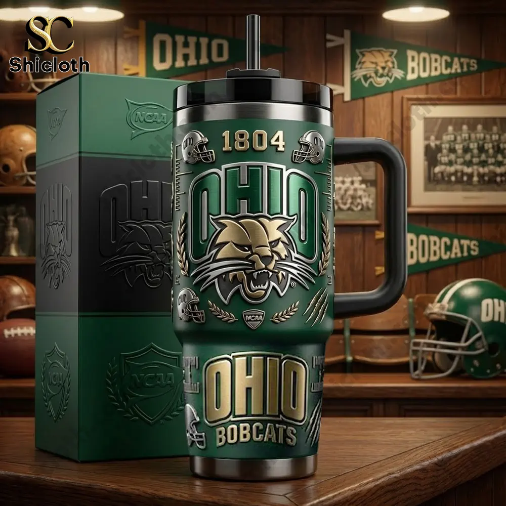 Ohio Bobcats tumbler with box on wooden table!