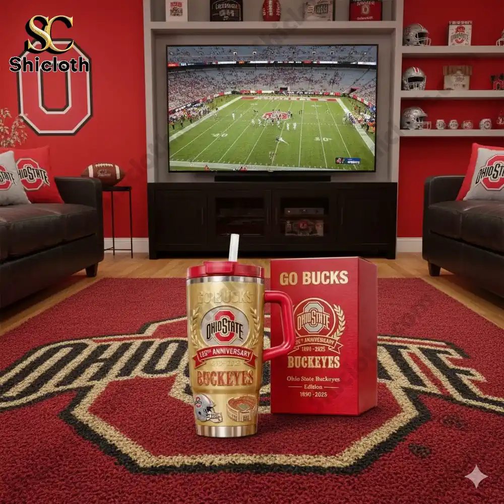 Ohio State Buckeyes anniversary tumbler displayed in fan living room.