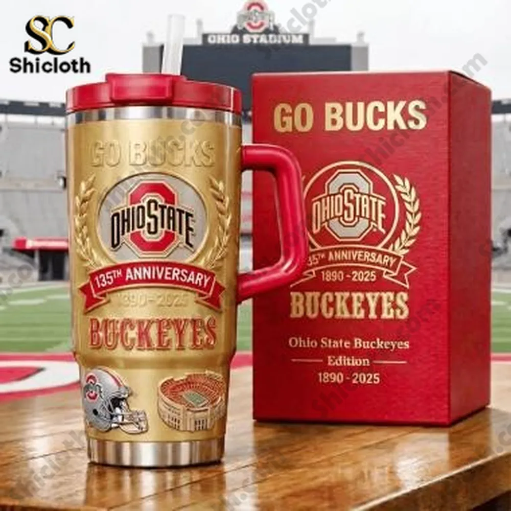 Ohio State Buckeyes anniversary tumbler with gift box at stadium.