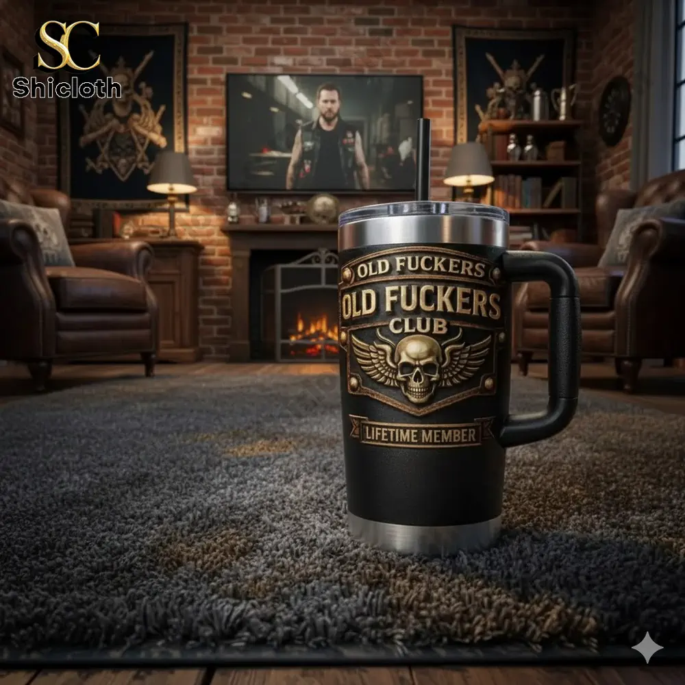 Old Fuckers Club insulated mug displayed in a vintage living room setting!
