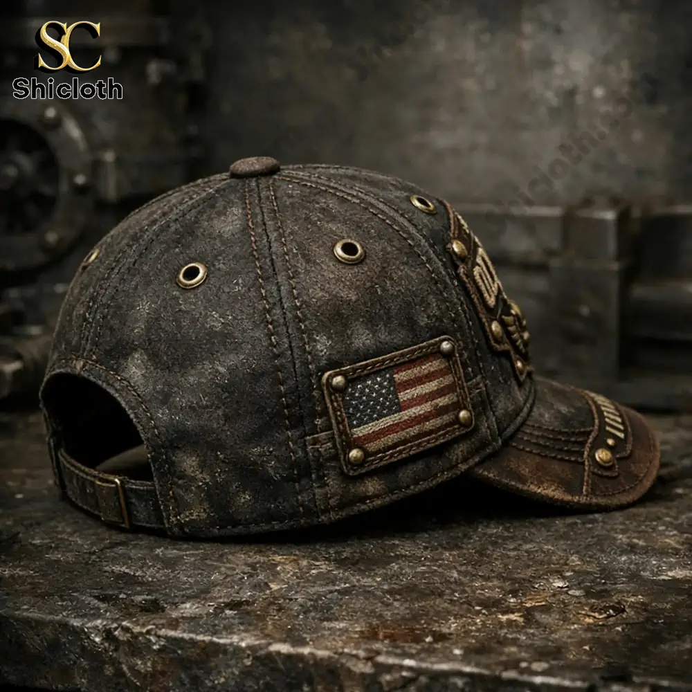 Back view of distressed leather biker cap!