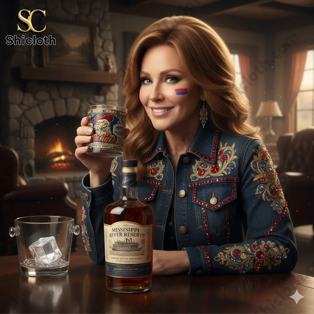 A woman holding an Ole Miss themed whiskey glass at a wooden table!