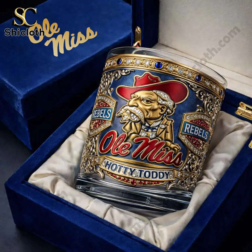 Ole Miss Rebels Hottie Toddy glass displayed in a luxury gift box!