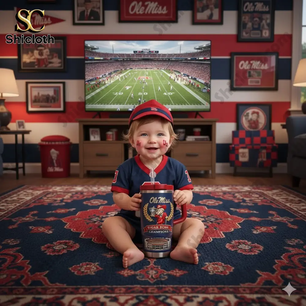 Baby Ole Miss fan sitting on rug holding Sugar Bowl champions tumbler