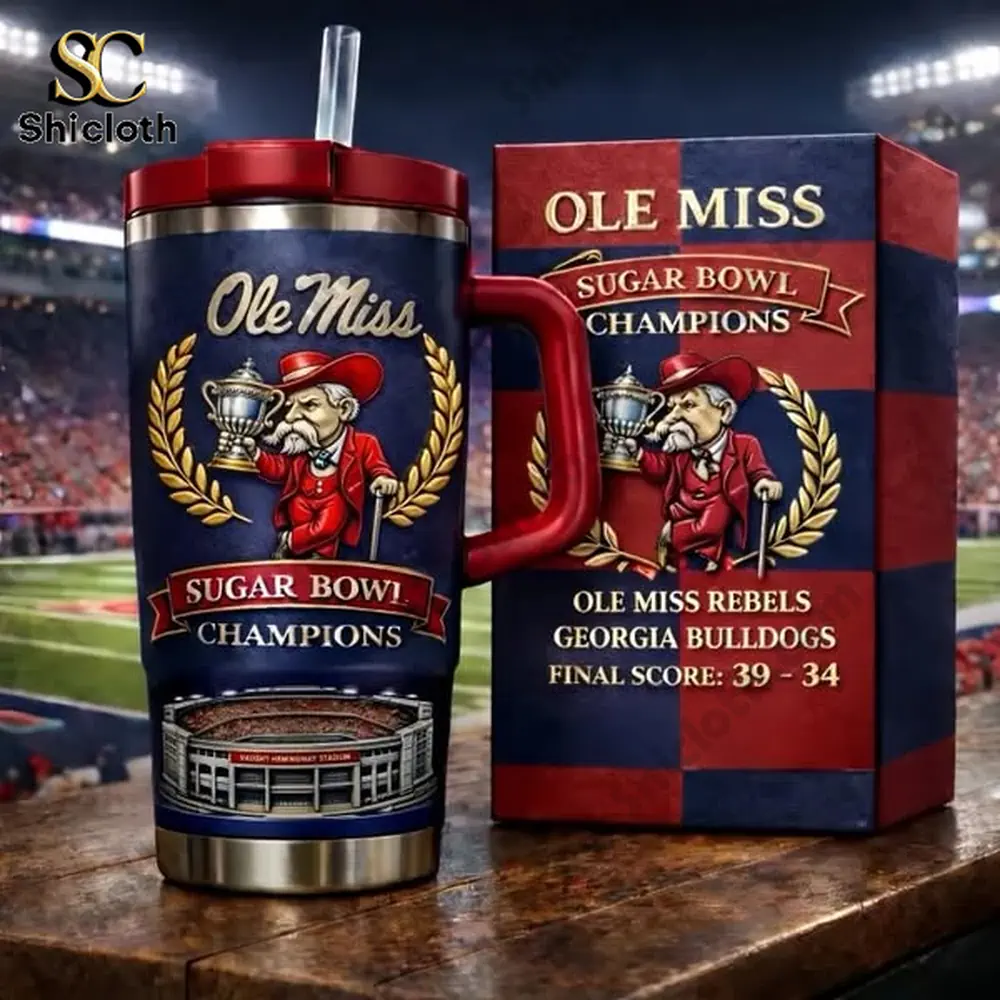 Ole Miss Sugar Bowl champions tumbler with matching gift box on table