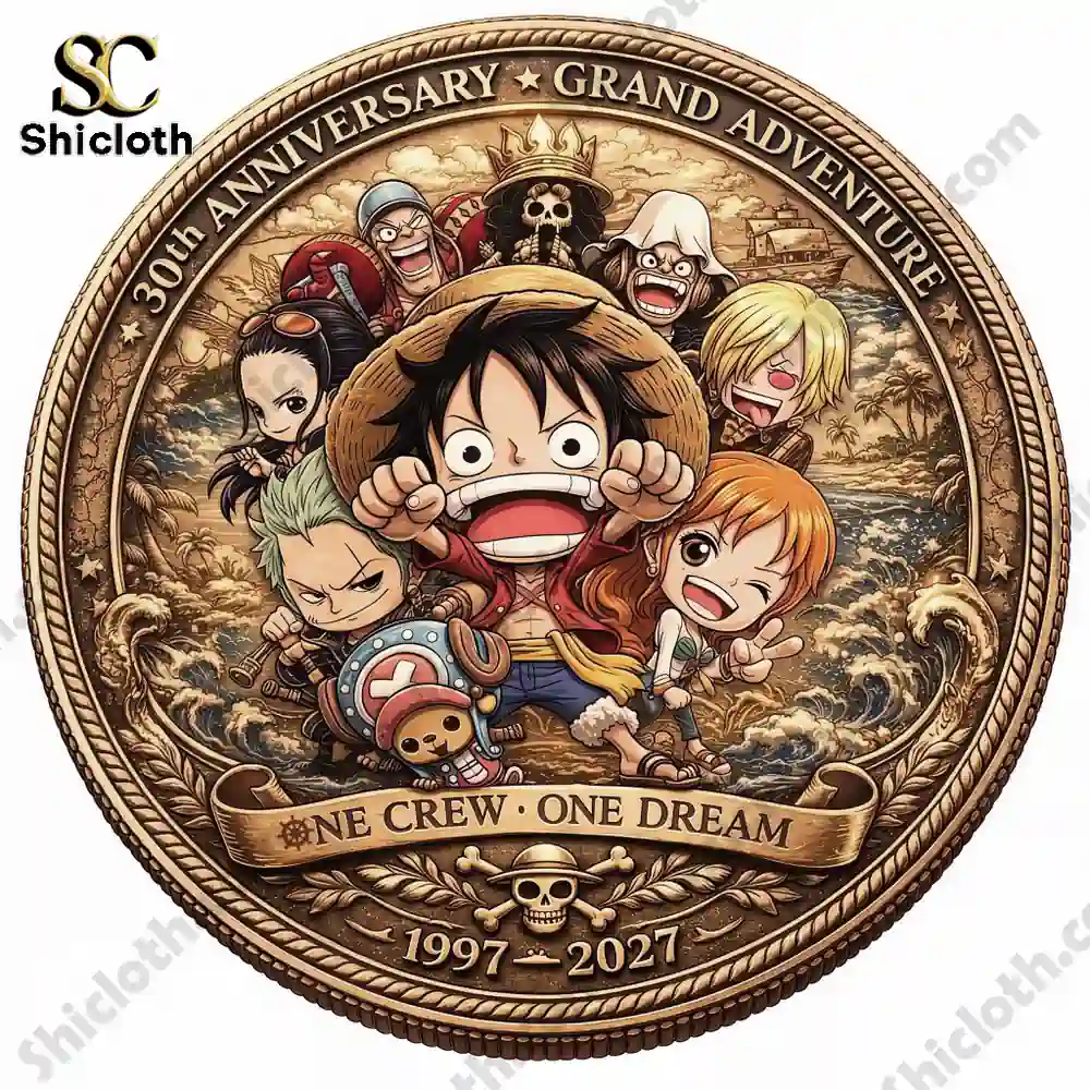One Piece anniversary coin artwork featuring chibi pirate crew design!