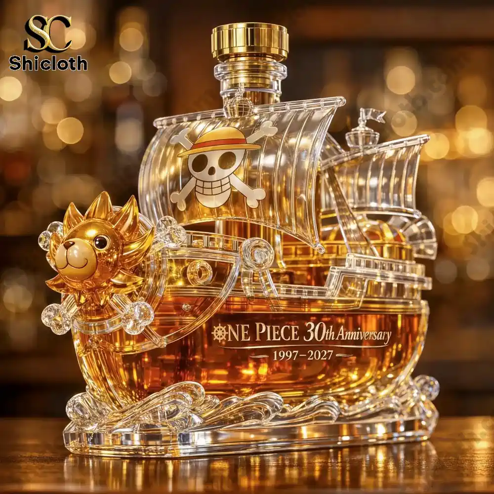 Transparent ship bottle with golden liquid and pirate sail design!