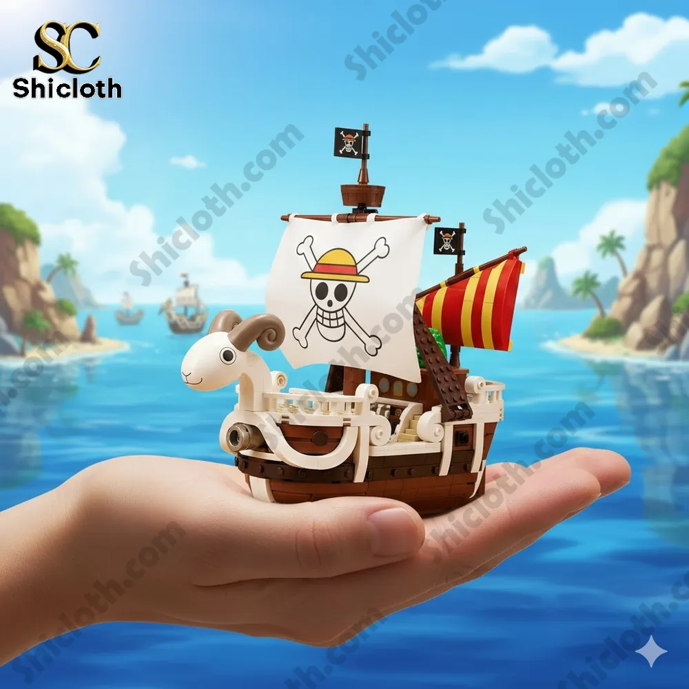 A small Going Merry brick ship displayed on a hand above the ocean!