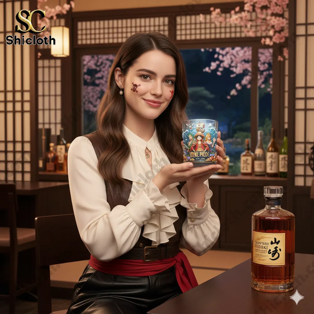 Woman presenting a One Piece themed whiskey glass in a bar setting!