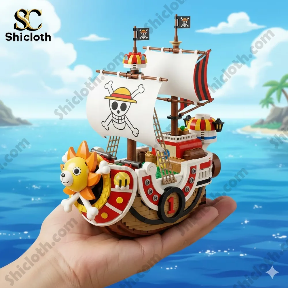 A small pirate ship brick model held in a hand over the sea!