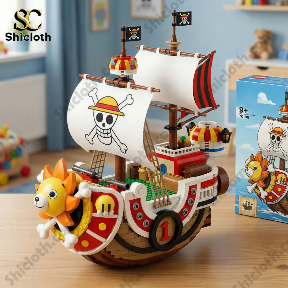 A detailed pirate ship brick model displayed on a table with its box!