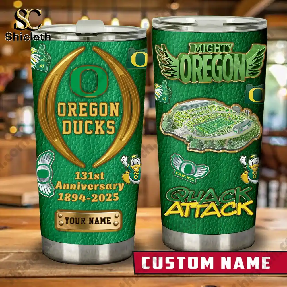 Oregon Ducks anniversary custom name tumbler front and back view!