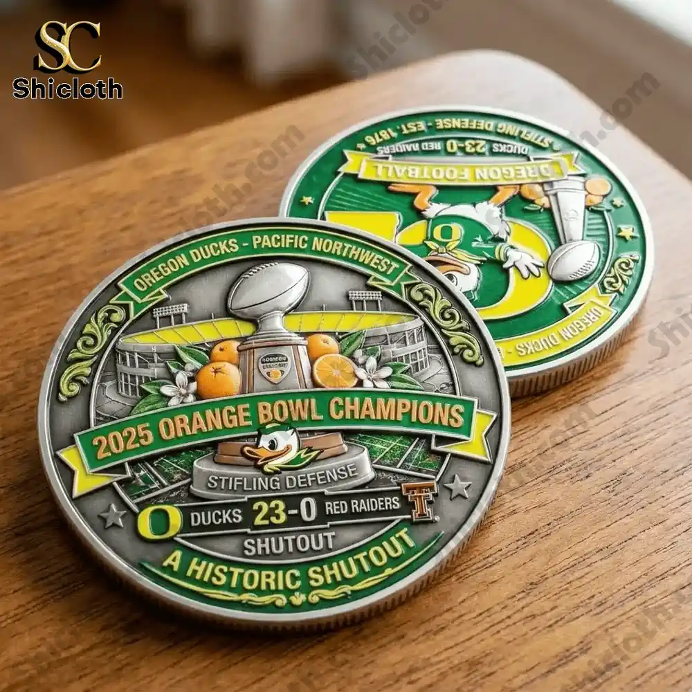 Lord Of The Rings 2001-2026 25th Anniversary Commemorative Coin 10 Oregon Ducks Orange Bowl champion commemorative metal coin on wooden table!