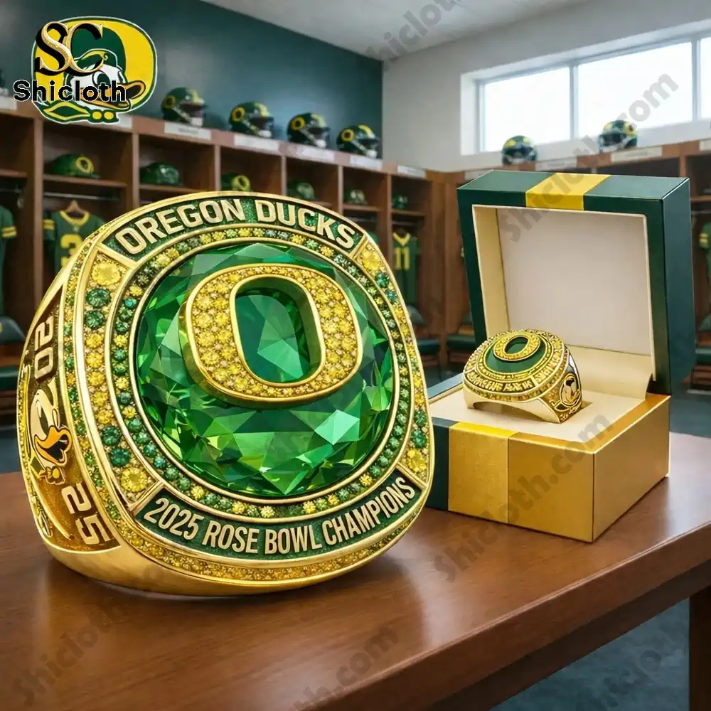 Oregon Ducks Rose Bowl championship ring gold finish on locker room table!