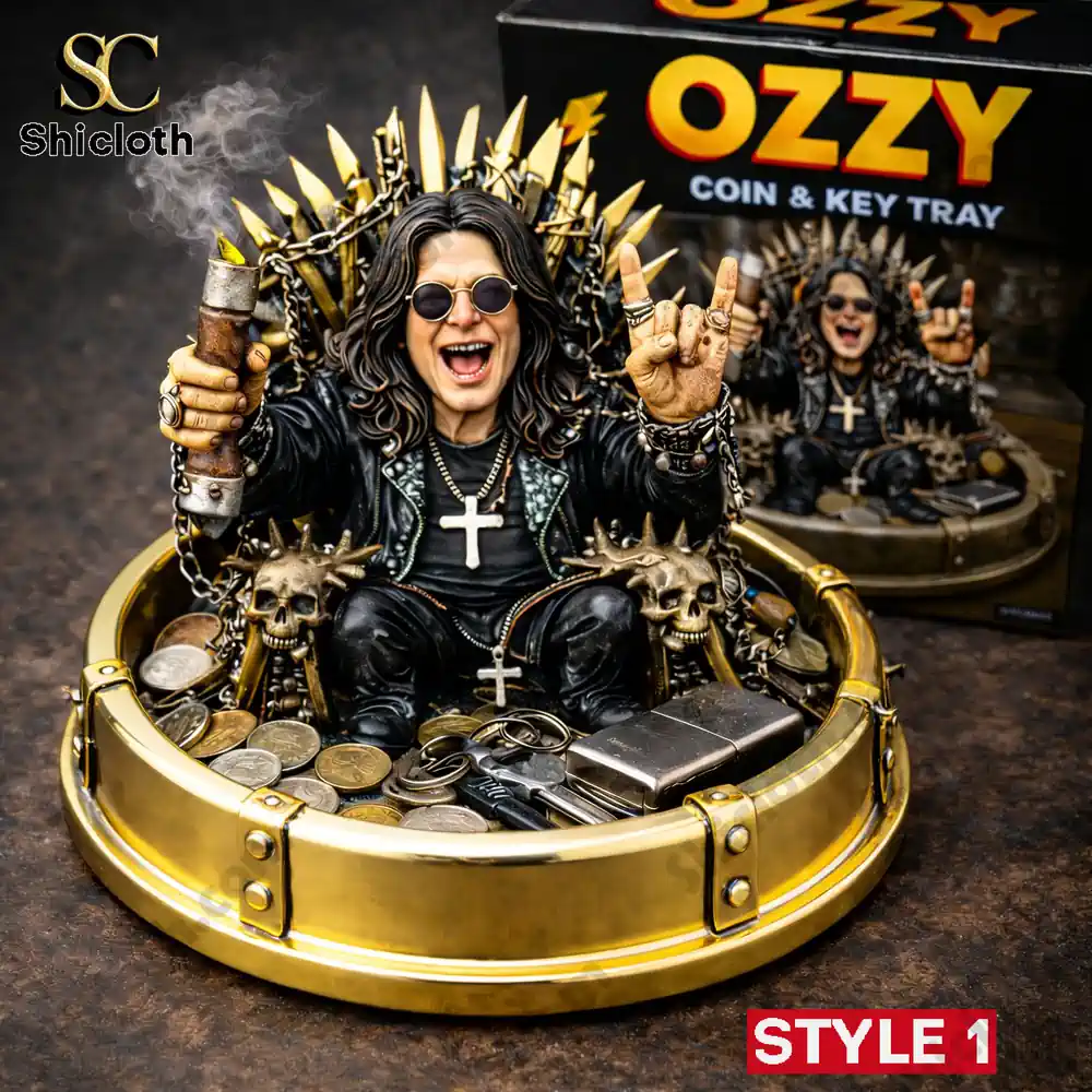 Golden Ozzy coin and key tray with rock throne design and skull decorations by Shicloth.