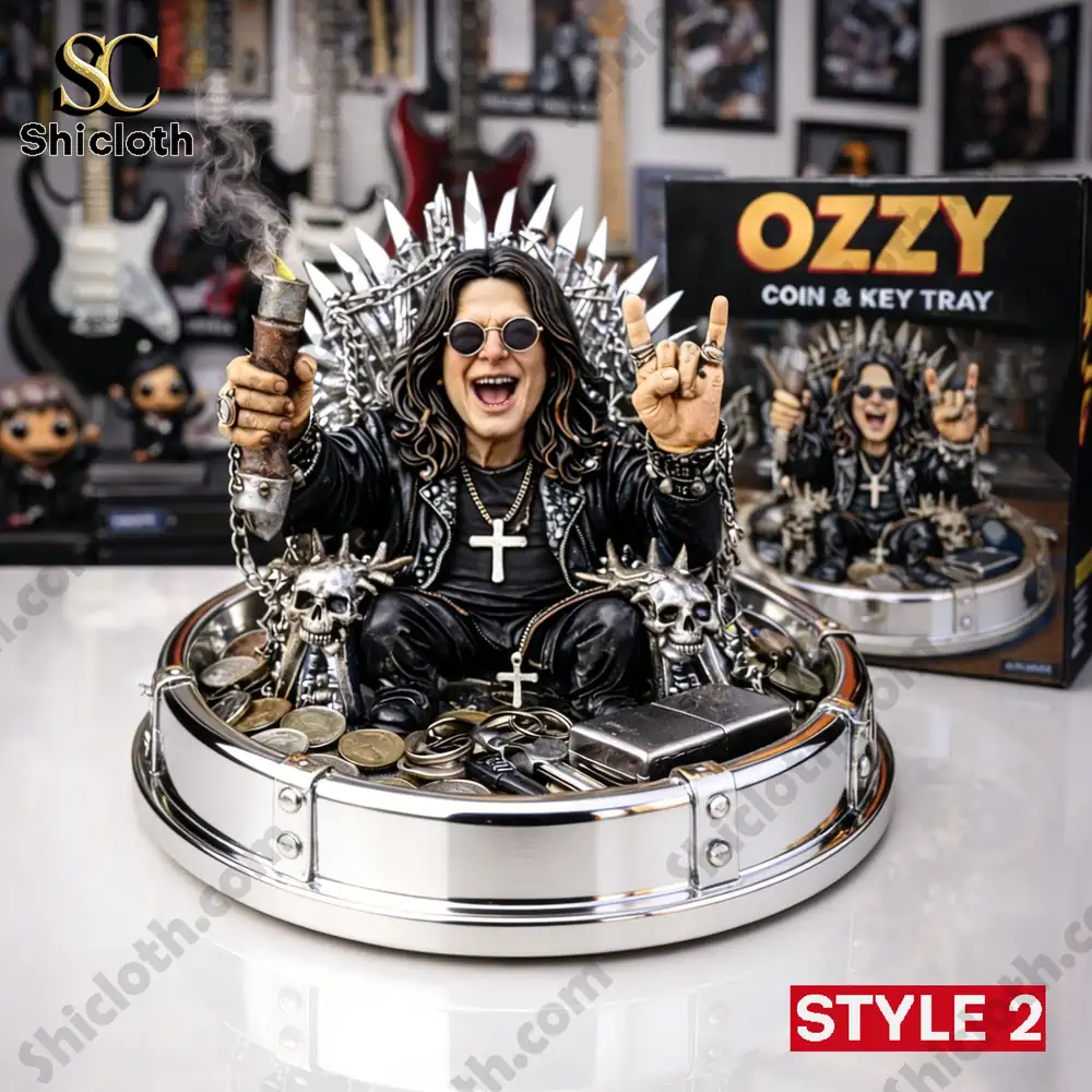 Silver Ozzy coin and key tray with rock throne design and skull details by Shicloth.