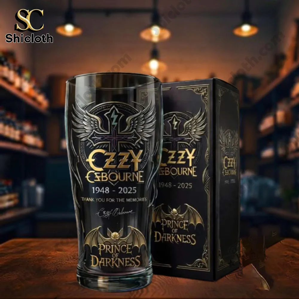 Memorial pint glass with Prince of Darkness design on table!