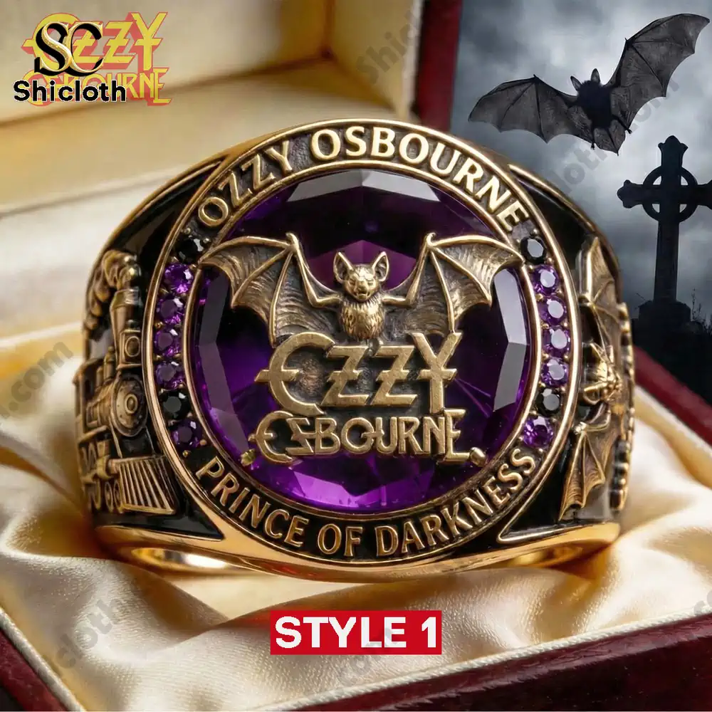 Ozzy Osbourne bat emblem ring with purple gemstone!