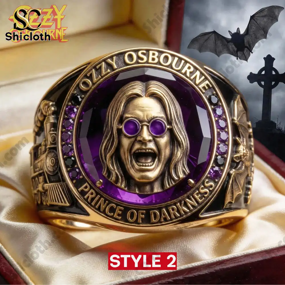 Ozzy Osbourne portrait ring with purple gemstone!