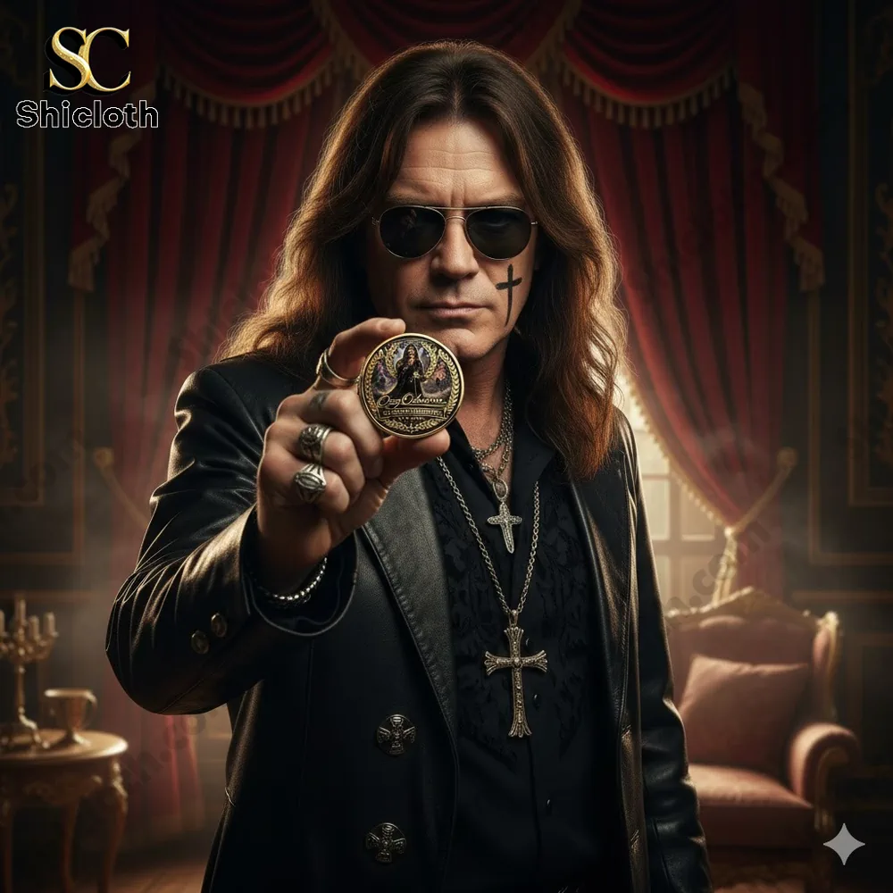 Rock style portrait holding a commemorative coin on a dark theatrical background!