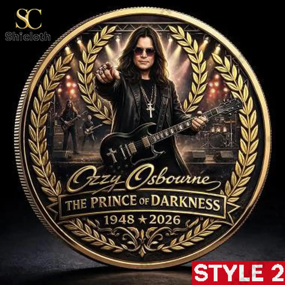 Ozzy The Prince of Darkness 78th Anniversary 1948-2026 Commemorative Coin 3 Back view of a commemorative coin showing guitar and live stage scene!