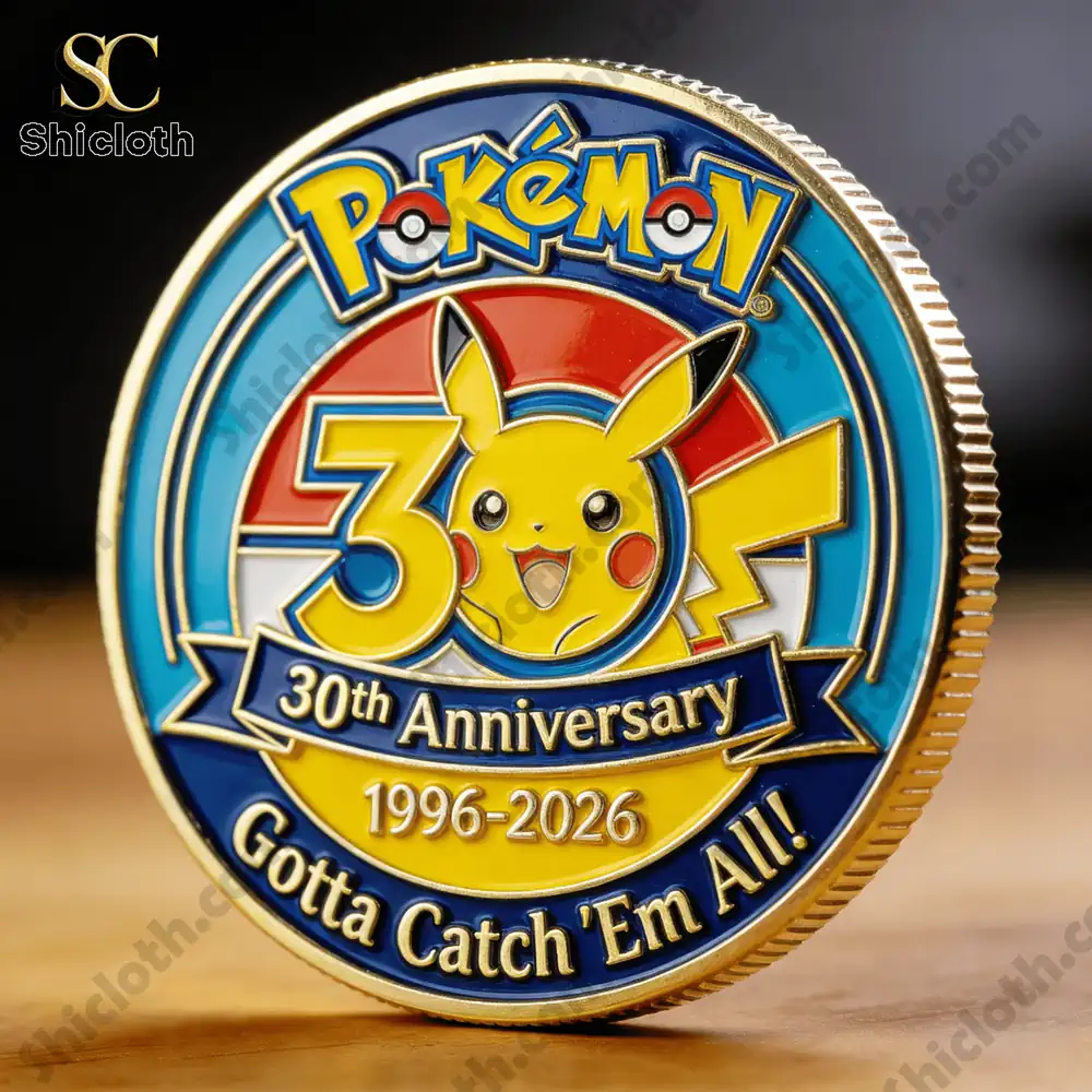 Close up of Pikachu Pokemon anniversary commemorative coin!