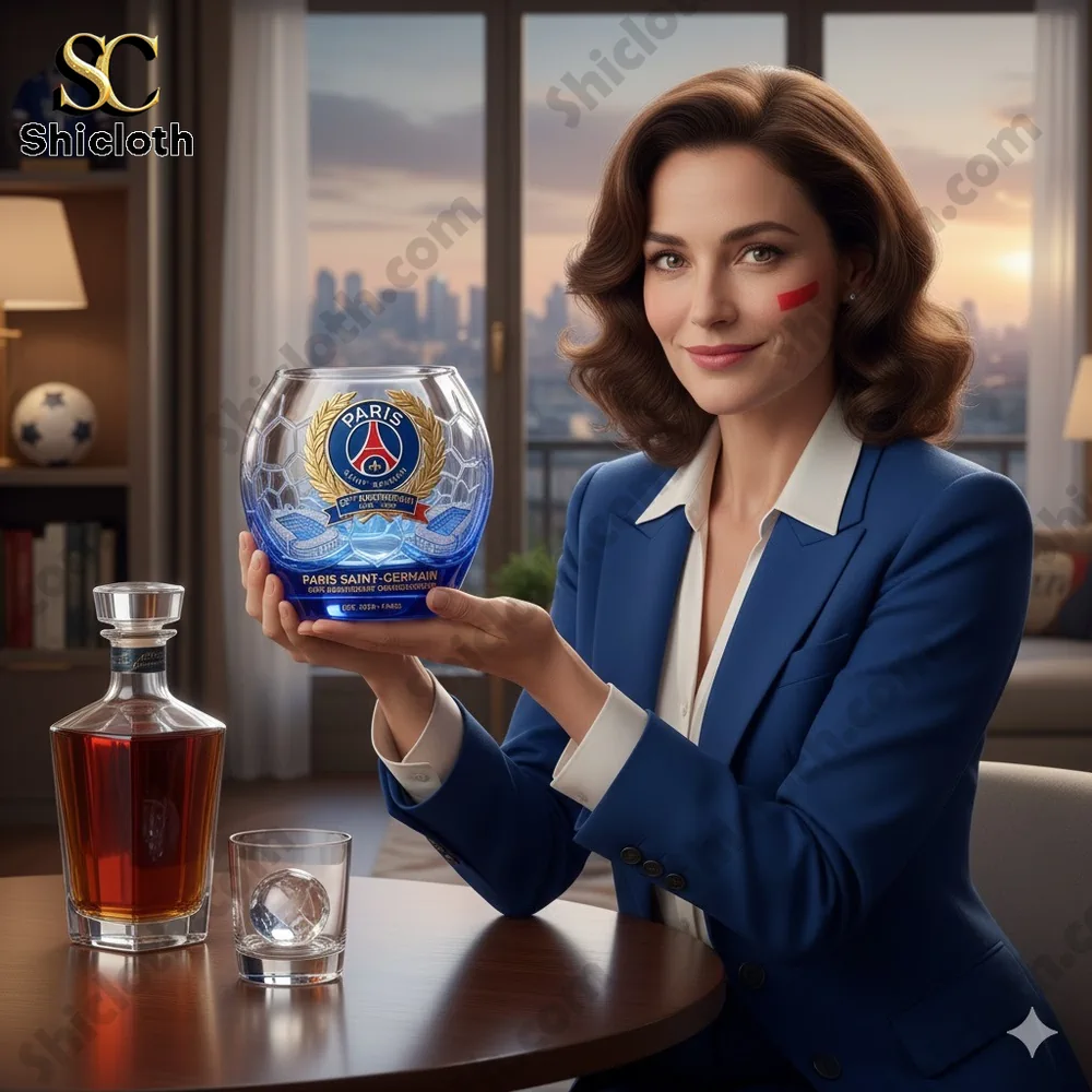 Elegant woman holding Paris Saint Germain commemorative glass award in luxury room!