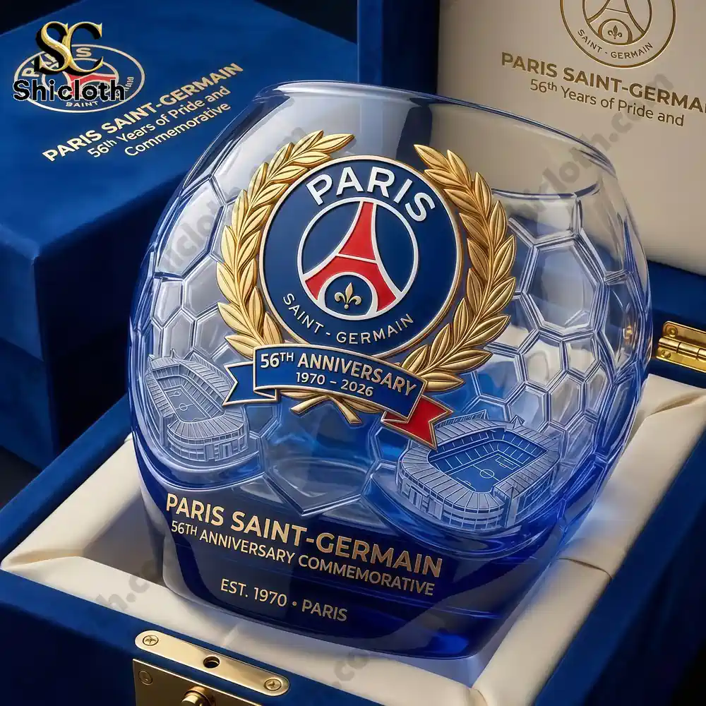 Close view of Paris Saint Germain commemorative crystal award in premium box!