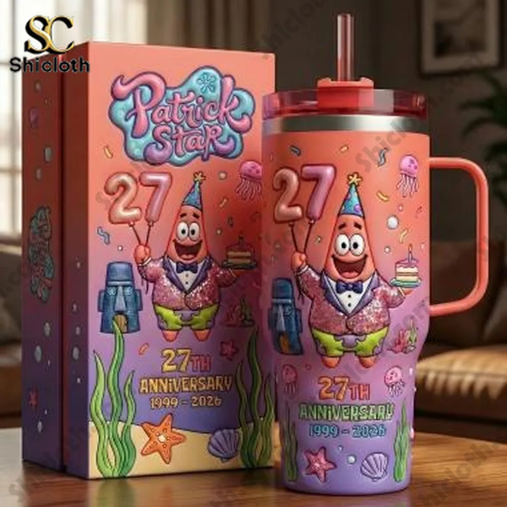 Patrick Star themed tumbler with matching gift box on table!