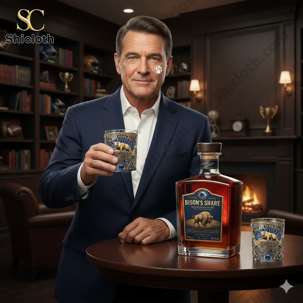 Man in navy suit holding PSU whiskey glass beside bottle!