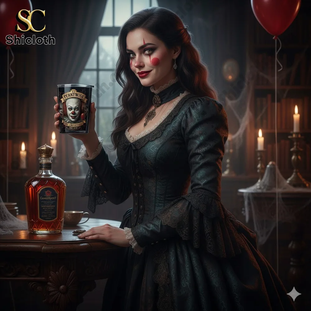Vintage gothic woman holding a horror themed whiskey glass in a dark bar setting!