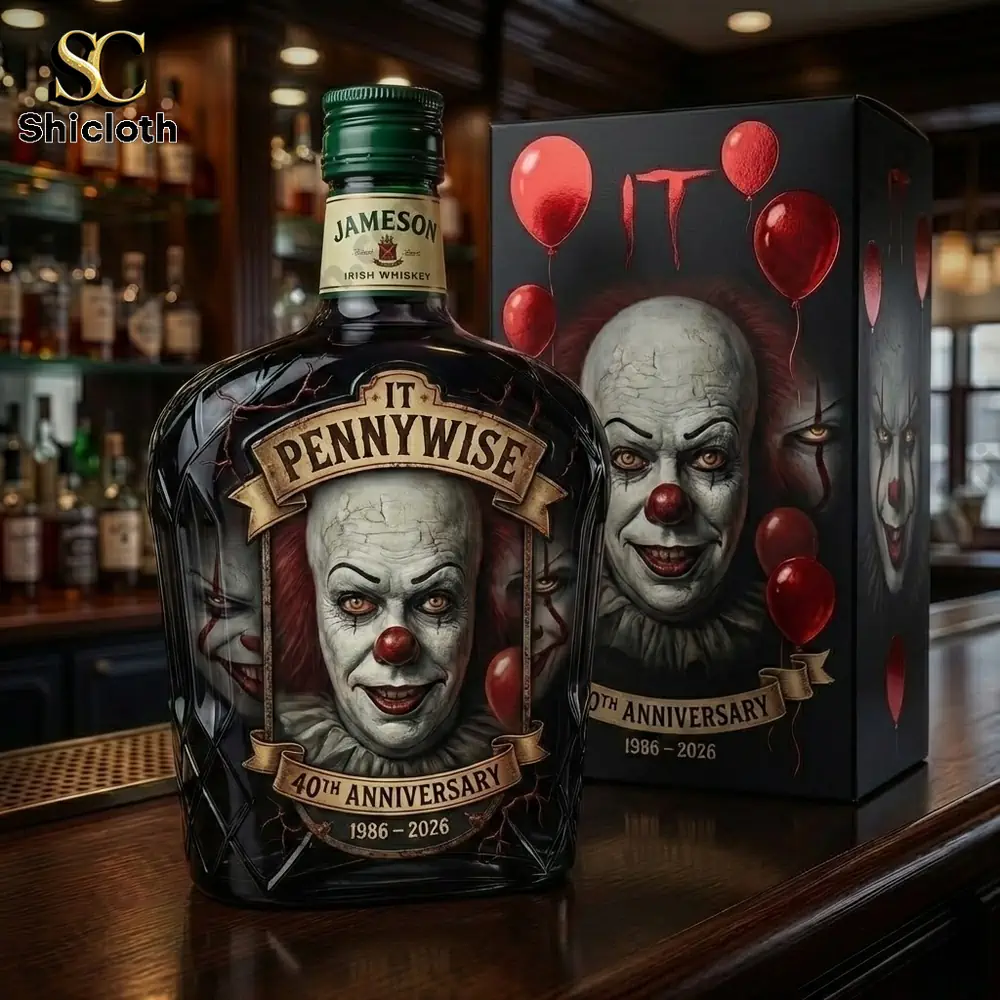 Horror clown anniversary whiskey bottle with display box on bar counter!