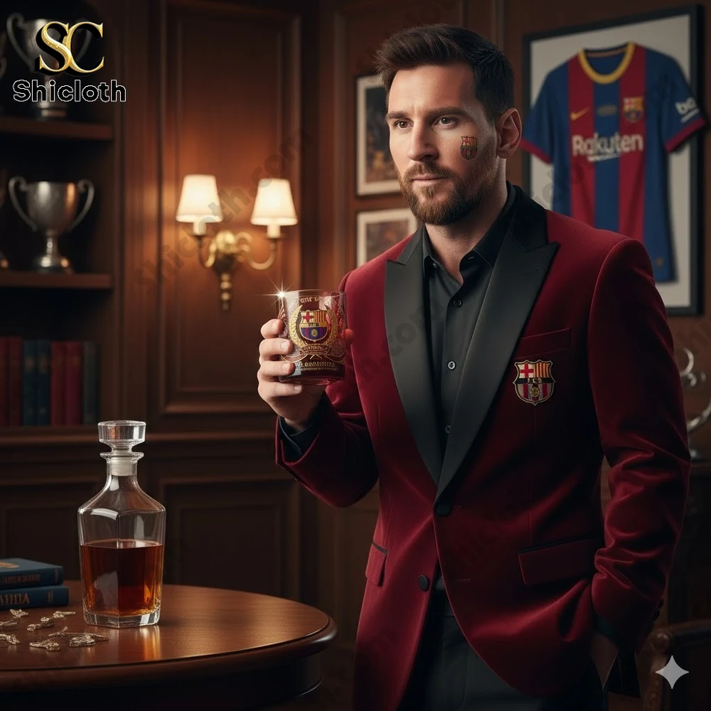 Football icon holding Barcelona crystal glass in elegant room!
