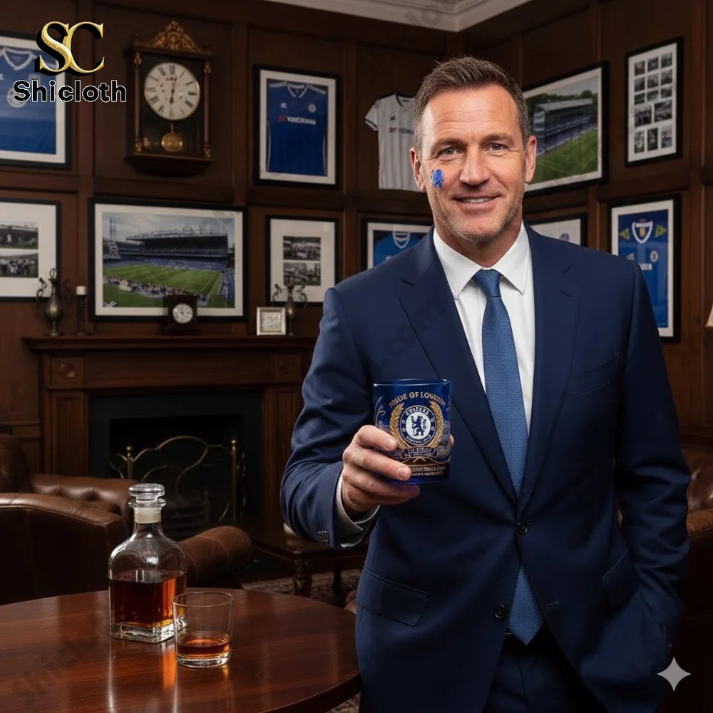 Man in suit holding Chelsea themed glass in elegant room!