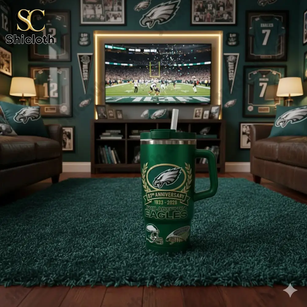 Philadelphia Eagles anniversary travel tumbler in fan themed living room!