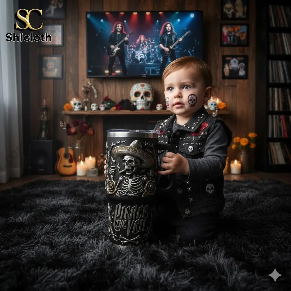 Baby holding Pierce The Veil skeleton tumbler in gothic room!