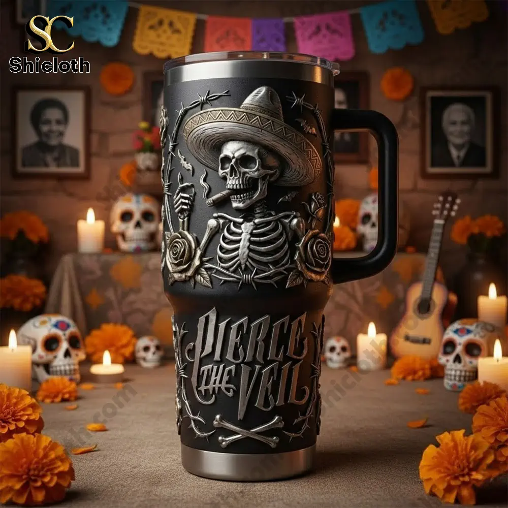 Pierce The Veil skeleton tumbler with Day Of The Dead decor!