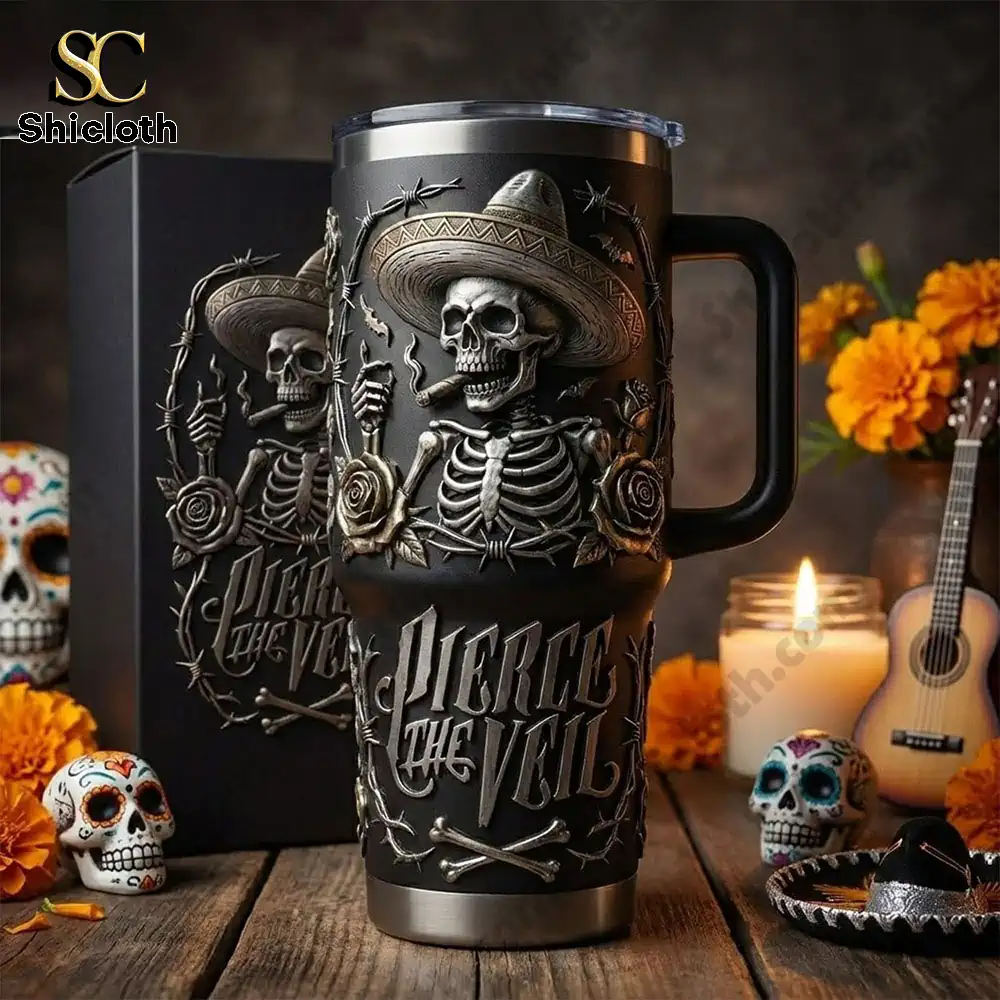 Pierce The Veil Skeleton Day Of The Dead Yeti Tumbler Cup 2026 3 Pierce The Veil skeleton tumbler with gift box and decor!