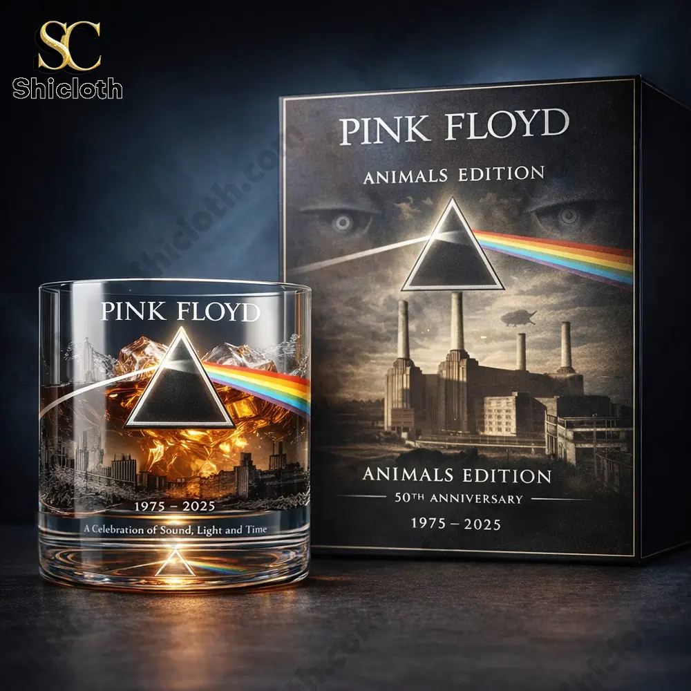 Pink Floyd Animals Edition whiskey glass and collector box with prism rainbow artwork from Shicloth!