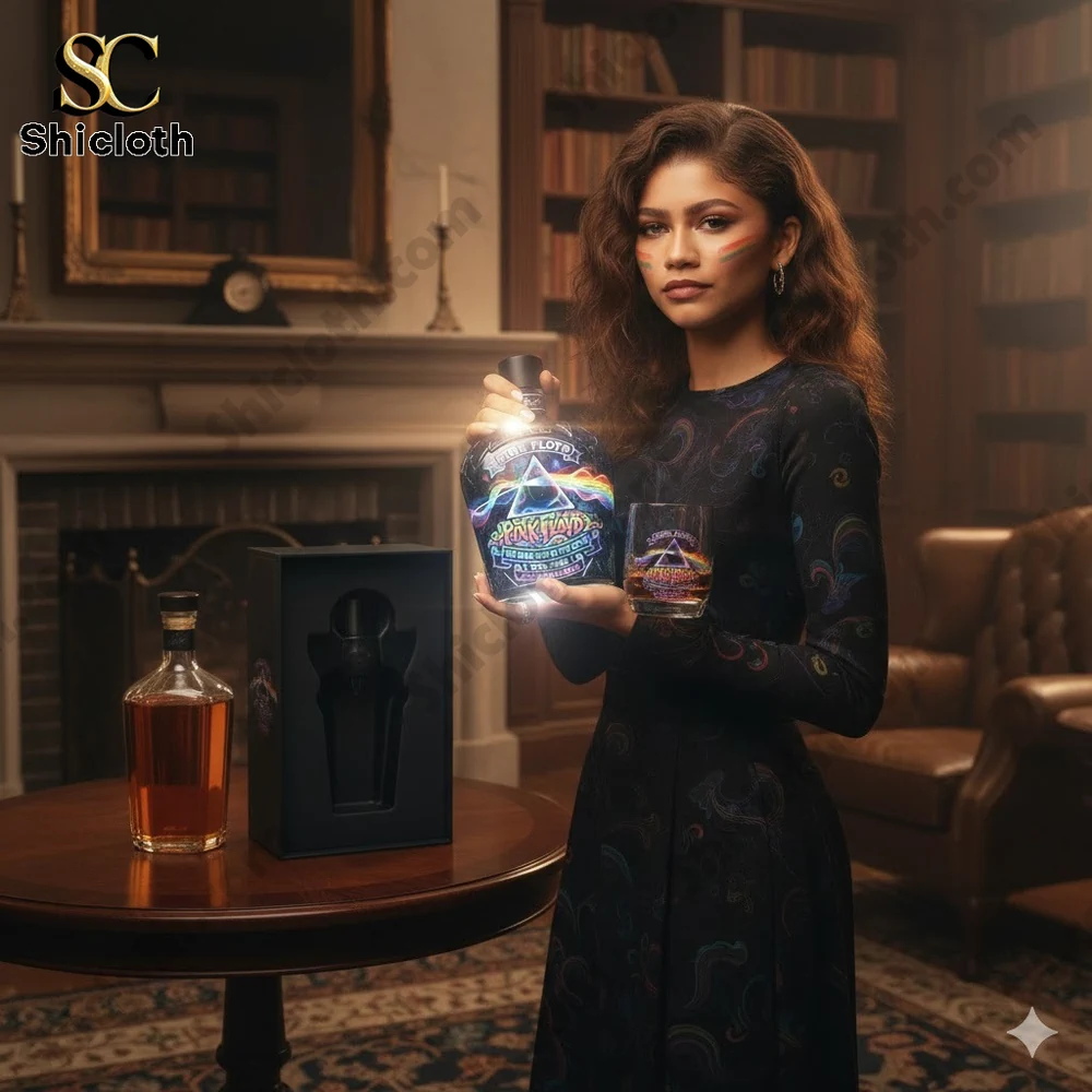 A woman holding a Pink Floyd anniversary bottle in a classic library setting!