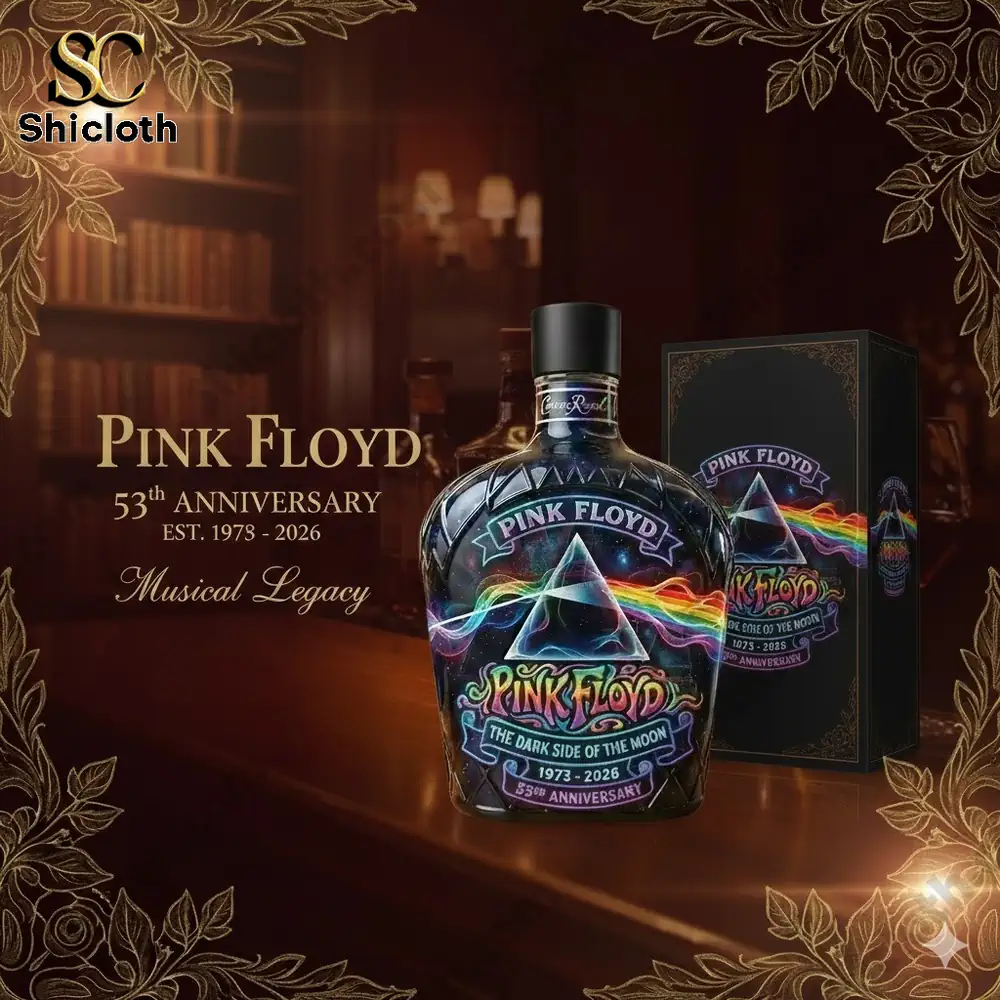 Pink Floyd anniversary bottle and box displayed on a wooden table in a classic room!