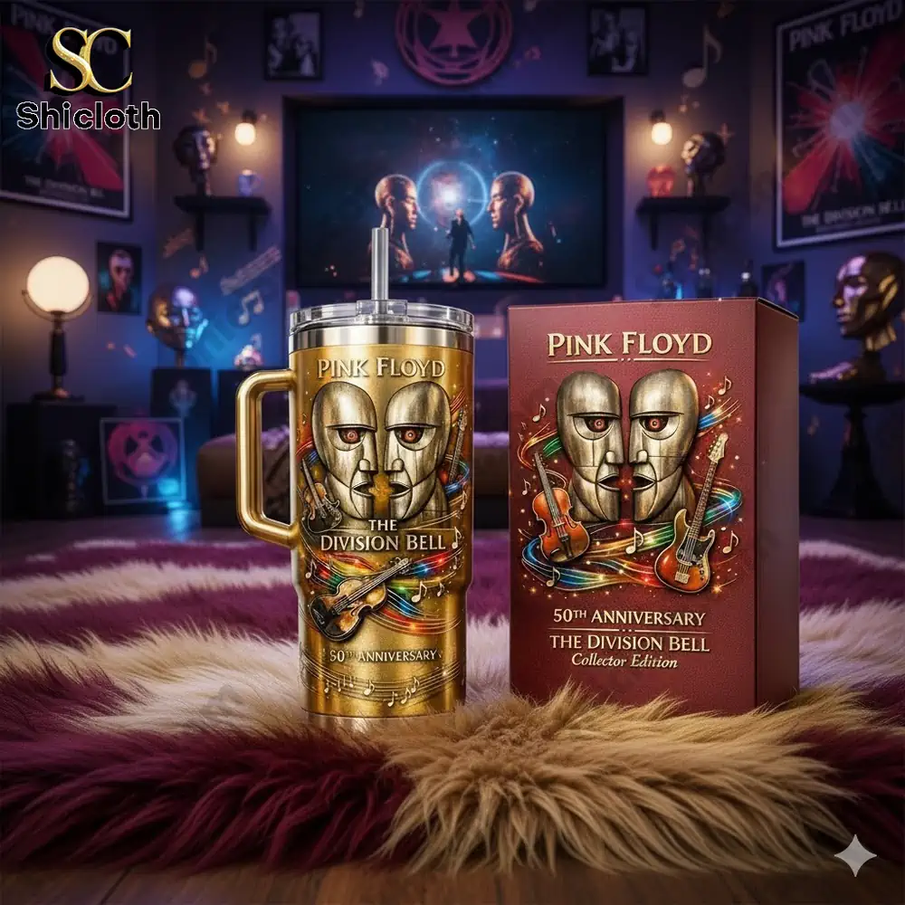 Pink Floyd Division Bell 50th Anniversary collector tumbler with box displayed in artistic music room setting!