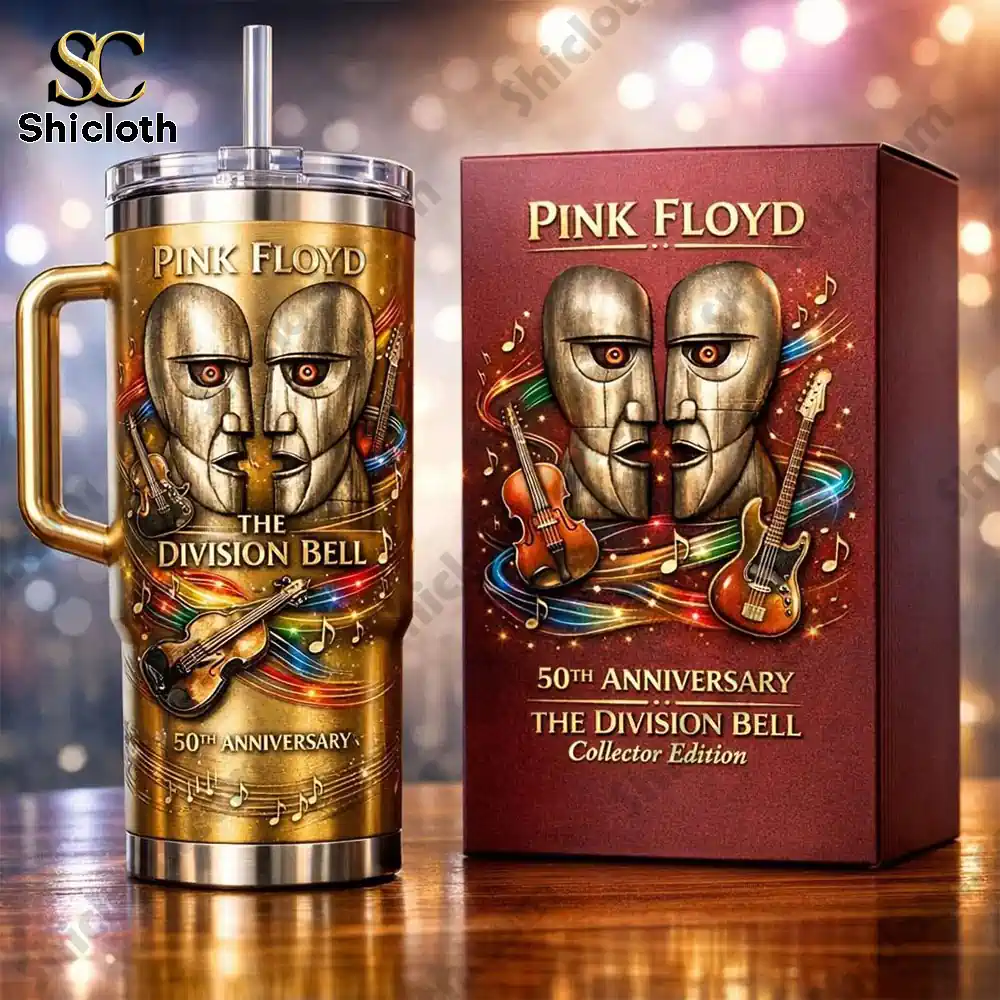 Pink Floyd Division Bell 50th Anniversary tumbler and collector box on wooden table with stage light background!