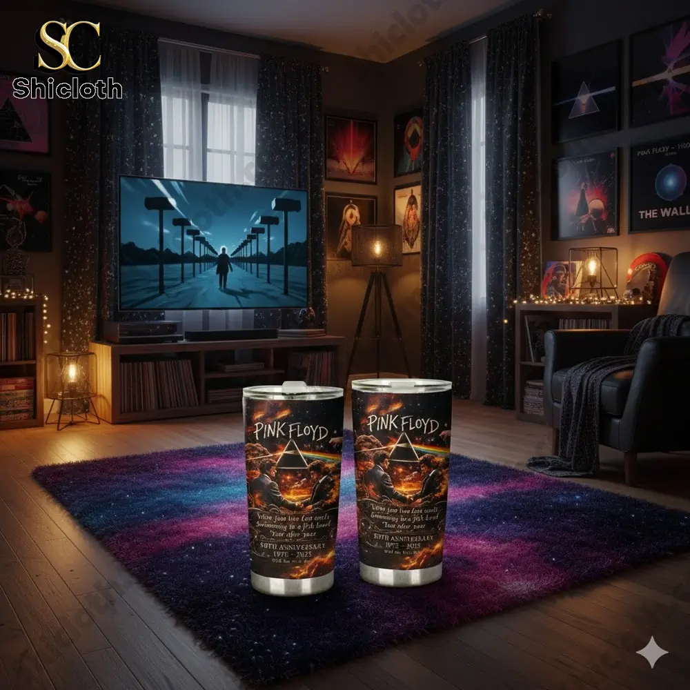 Pink Floyd anniversary tumbler in music themed living room scene!
